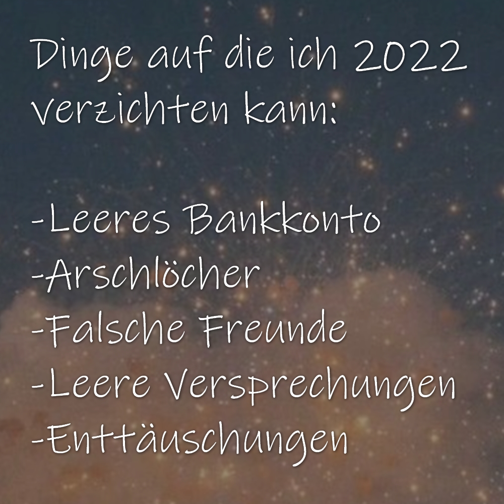 Dinge auf die ich 2022 verzichten kann: -Leeres Bankkonto -Arschlöcher -Falsche Freunde -Leere Versprechungen -Enttäuschungen