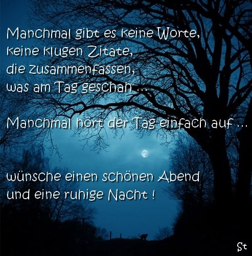 Manchmal gibt es keine Worte,
keine klugen Zitate,
die zsuammenfassen,
was am Tag geschah ...
Manchmal hötz der Tag einfach auf ...
wünsche einen schönen Abend und eine ruhige Nacht!