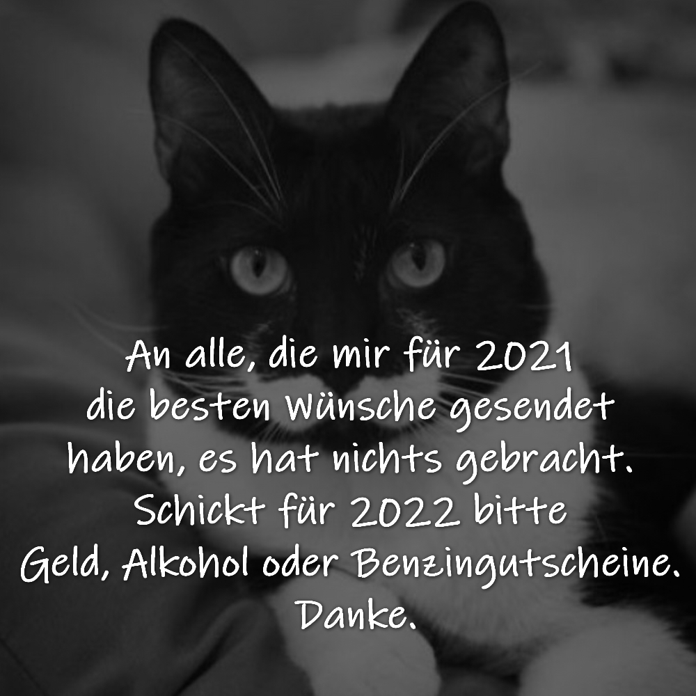 An alle, die mir für 2021 die besten Wünsche gesendet haben, es hat nichts gebracht. Schickt für 2022 bitte Geld, Alkohol oder Benzingutschein. Danke.
