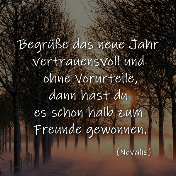 Begrüße das neue Jahr vertrauensvoll und ohne Vorurteile,
dann hast du es schon halb zum Freunde gewonnen.

(Novalis)