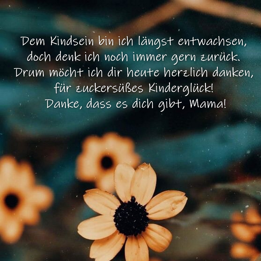 Dem Kindsein bin ich längst entwachsen, doch denk ich noch immer gern zurück. Drum möcht ich dir heute herzlich danken, für zuckersüßes Kinderglück! Danke, dass es dich gibt, Mama!