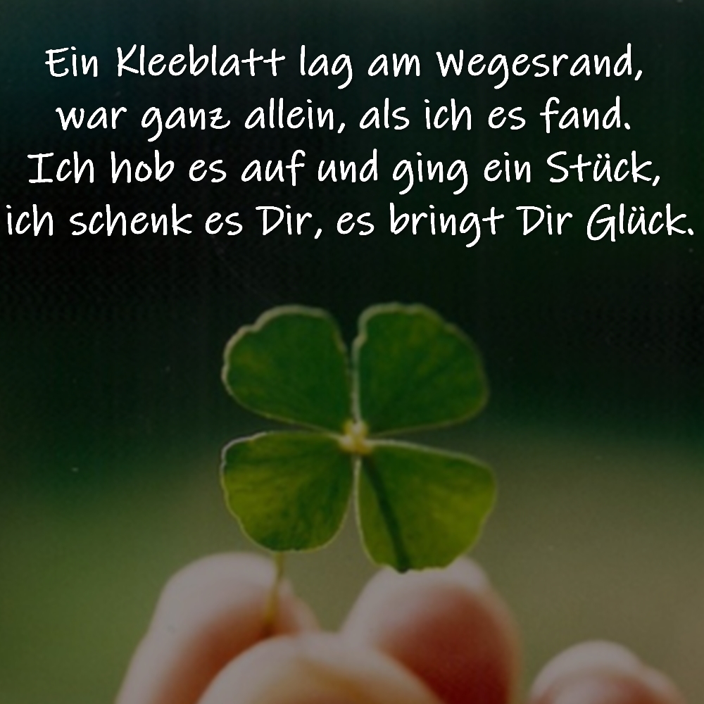 Glück wünschen Spruch: Ein Kleeblatt lag am Wegesrand, war ganz allein, als ich es fand. Ich hob es auf und ging ein Stück, ich schenk es Dir, es bringt Dir Glück.