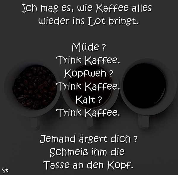 ch mag es, wie Kaffee alles wieder ins Lot bringt.
Müde ?
Trink Kaffee.
Kopfweh ?
Trink Kaffee.
Kalt ?
Trink Kaffee.
Jemand ärgert dich ?
Schmeiß ihm die Tasse an den Kopf.