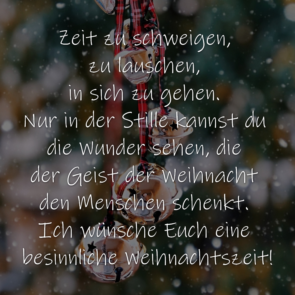 Zeit zu schweigen, zu lauschen, in sich zu gehen. Nur in der Stille kannst du die Wunder sehen, die der Geist der Weihnacht den Menschen schenkt. Ich wünsche Euch eine besinnliche Weihnachtszeit!