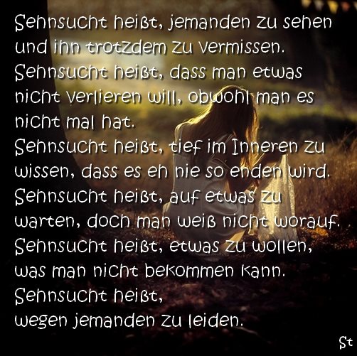 Sehnsucht heißt, jemanden zu sehen und ihn trotzdem zu vermissen. Sehnsucht heißt, dass man etwas nicht verlieren will, obwohl man es nicht mal hat. Sehnsucht heißt, tief im Inneren zu wissen, dass es eh nie so enden wird. Sehnsucht heißt, auf etwas zu warten, doch man weiß nicht worauf. Sehnsucht heißt, etwas zu wollen, was man nicht bekommen kann. Sehnsucht heißt, wegen jemanden zu leiden.