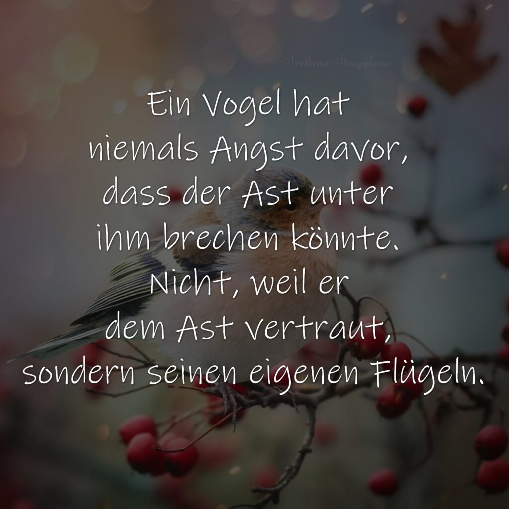 Ein Vogel hat niemals Angst davor, dass der Ast unter ihm brechen könnte. Nicht, weil er dem Ast vertraut, sondern seinen eigenen Flügeln.