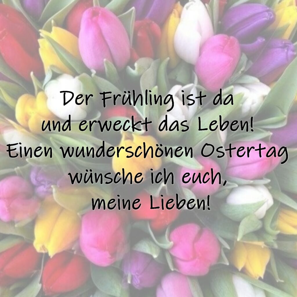 Ostergedicht:
Der Frühling ist da 
und erweckt das Leben! 
Einen wunderschönen Ostertag 
wünsche ich euch, 
meine Lieben!